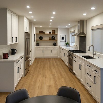 White Shaker galley kitchen with black hardware in Kelowna, British Columbia