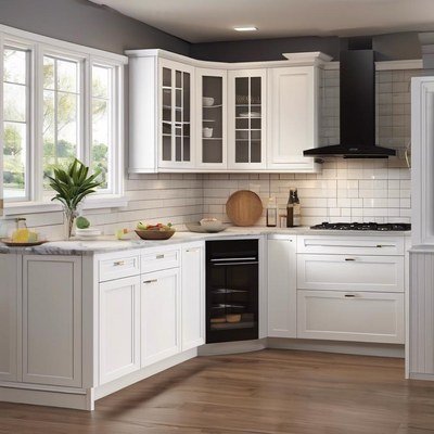 White Shaker corner kitchen with glass-front cabinets in Kelowna, British Columbia