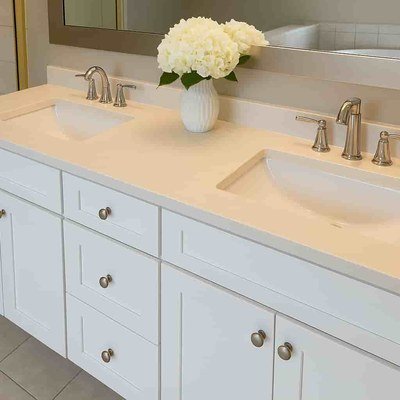 White Shaker bathroom double vanity in Edmonton, Alberta