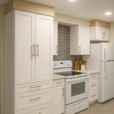 White Shaker tall cabinet storage and appliance wall in Red Deer, Alberta