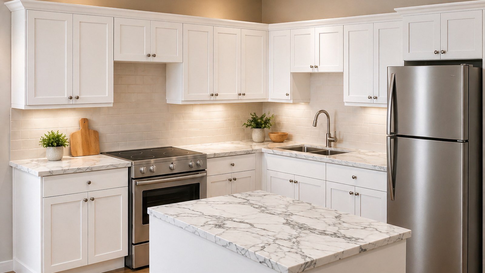 White Shaker kitchen cabinets with an island