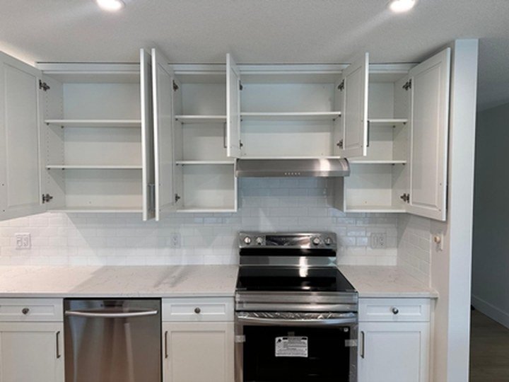 Euro-style frameless kitchen cabinets with full-access upper storage